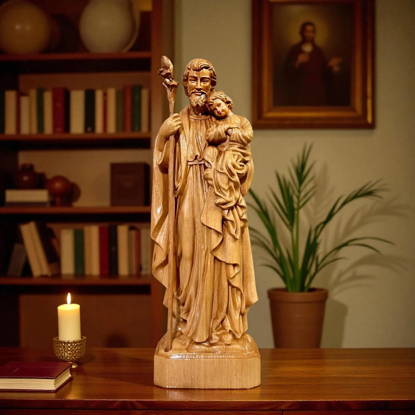 St Joseph Holding Baby Jesus Wooden Statue