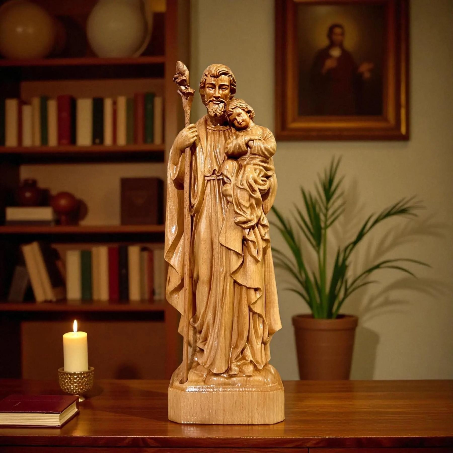 St Joseph Holding Baby Jesus Wooden Statue