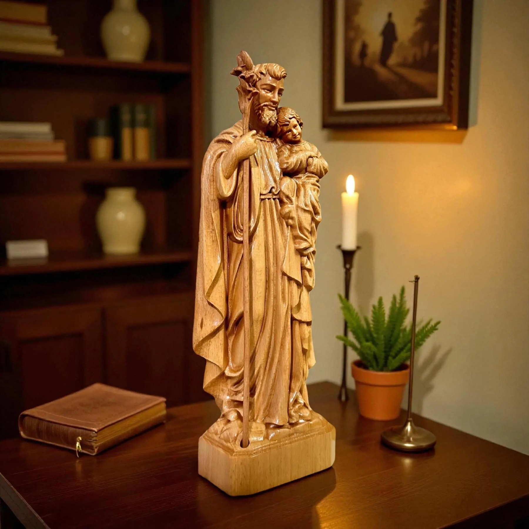 St Joseph Holding Baby Jesus Wooden Statue