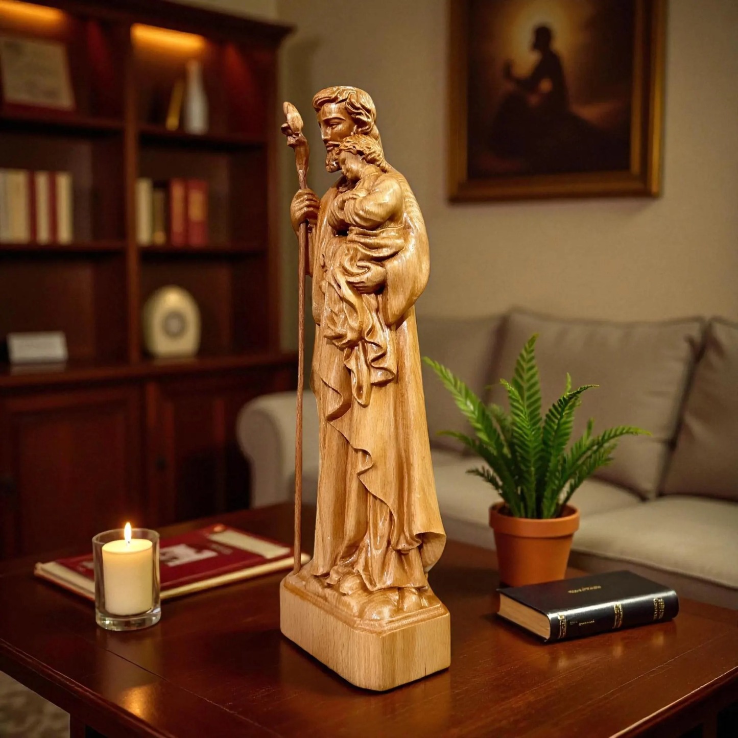 St Joseph Holding Baby Jesus Wooden Statue