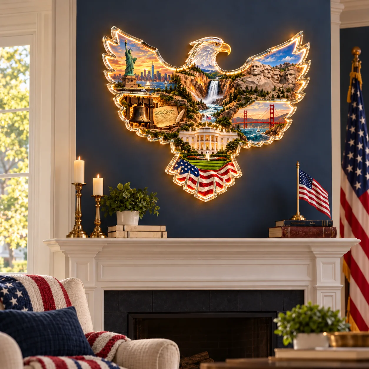 Lighted American eagle wall art above a white mantel in a navy living room