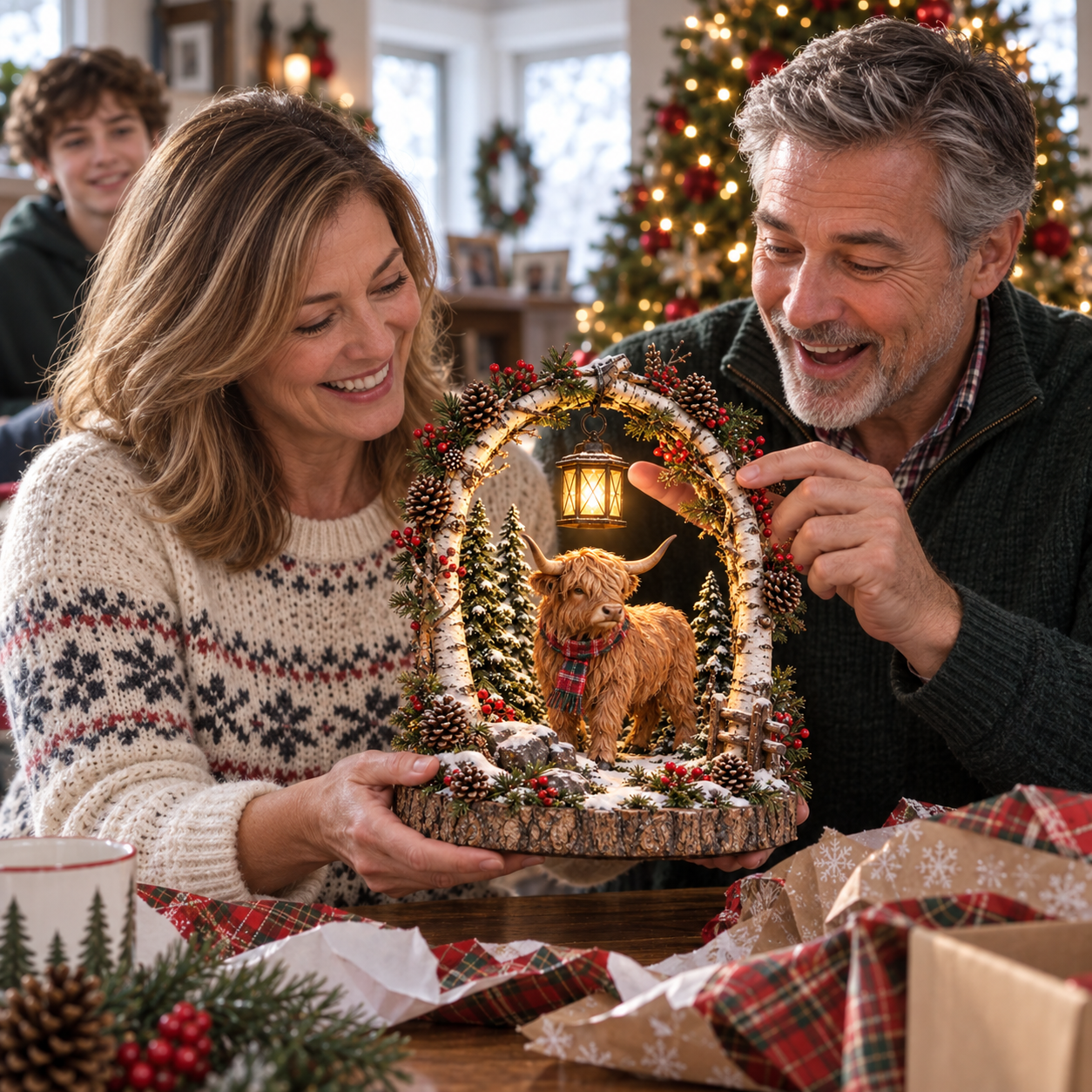 Concept image of two people arranging a Highland cow Christmas decoration