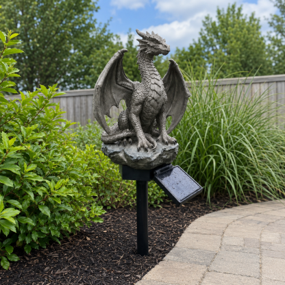 Dragon solar garden light displayed in flower bed