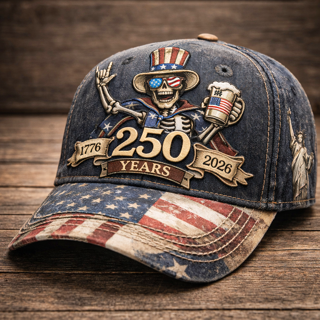“US 250th Anniversary Freedom Skull Cap 🍺💀🇺🇸”