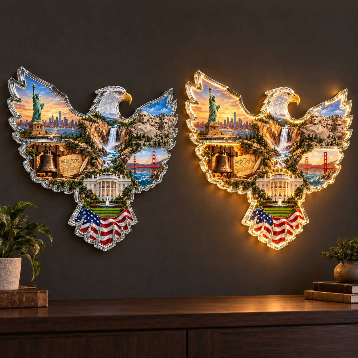 The same American eagle design shown with its light off on the left and warm light on on the right