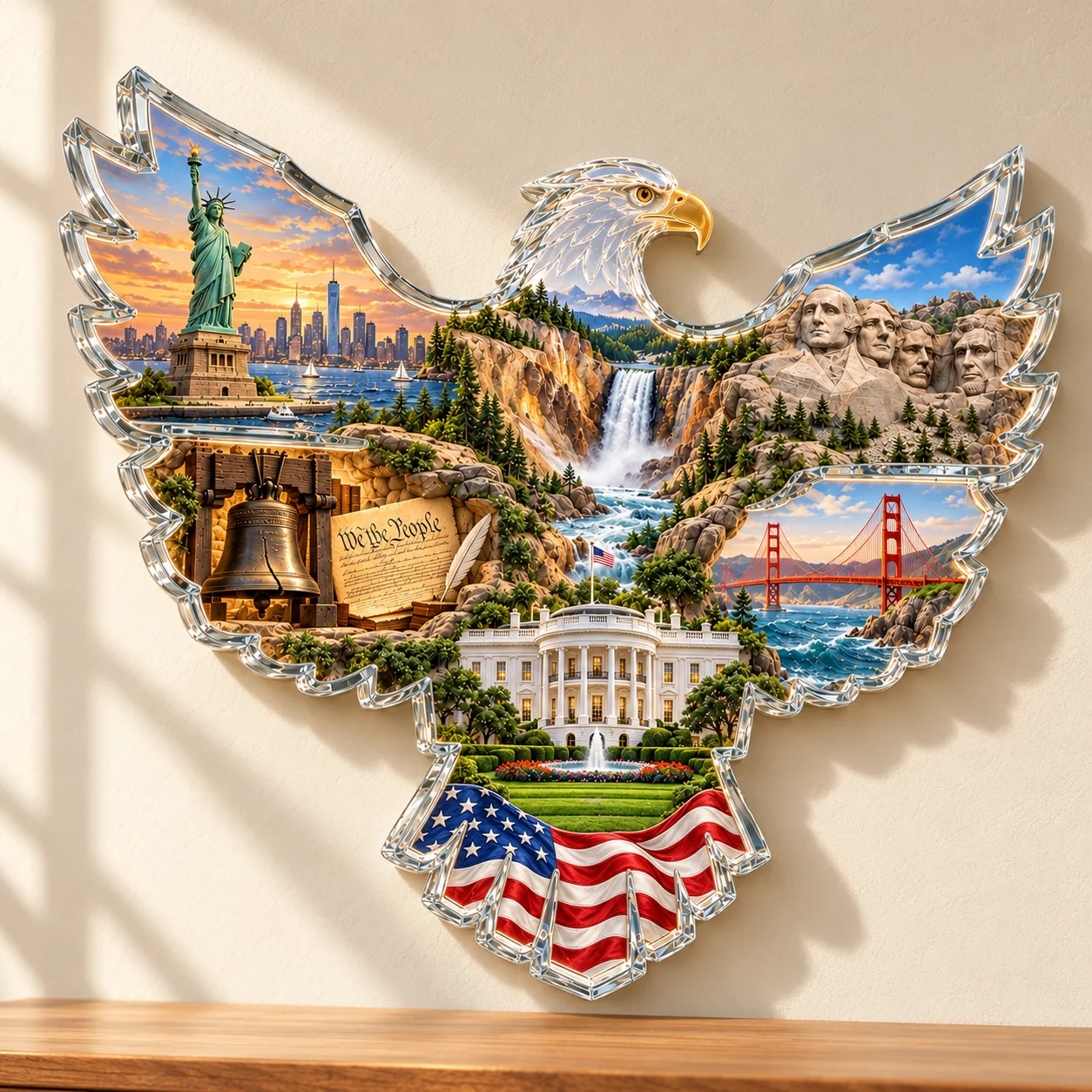 Unlit American eagle wall art displayed in daylight on a neutral wall