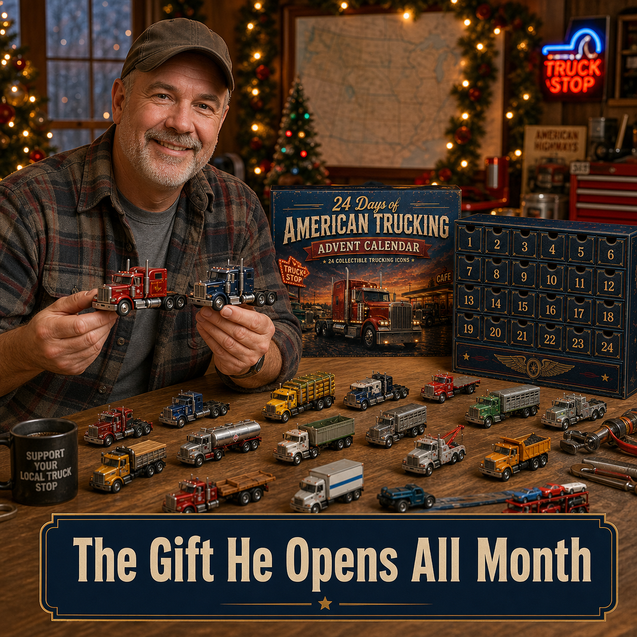 24 Days of American Trucking Advent Calendar – 24 Collectible Big Rig & Work Truck Miniatures, Christmas Countdown Gift for Truckers & Truck Fans