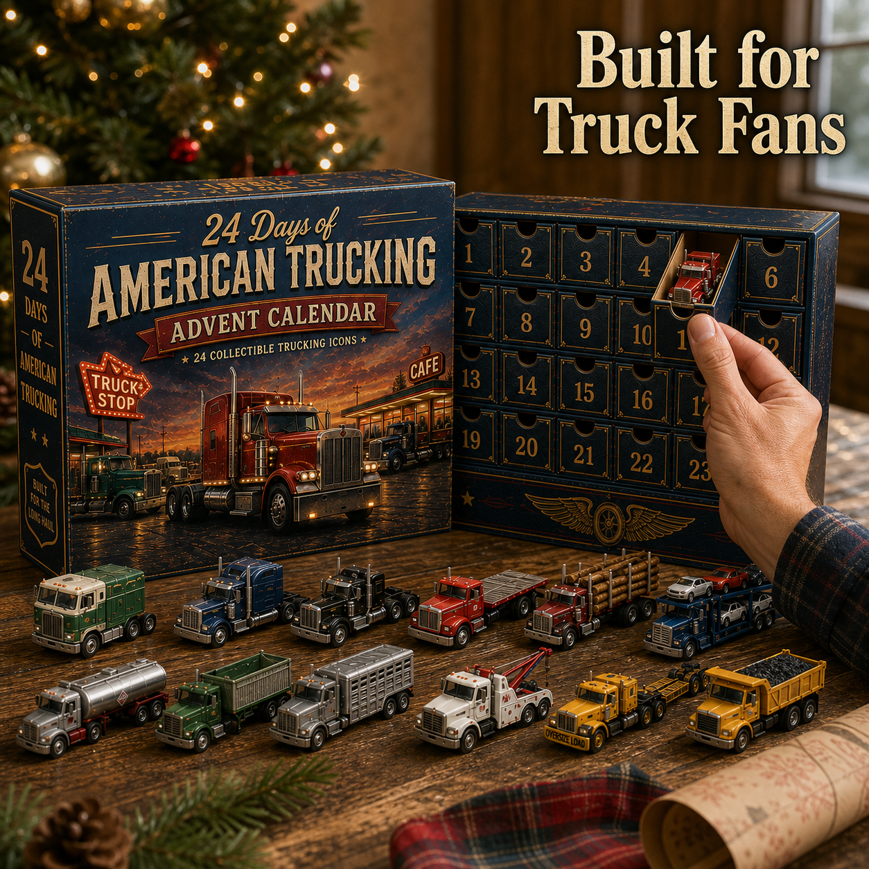 24 Days of American Trucking Advent Calendar – 24 Collectible Big Rig & Work Truck Miniatures, Christmas Countdown Gift for Truckers & Truck Fans