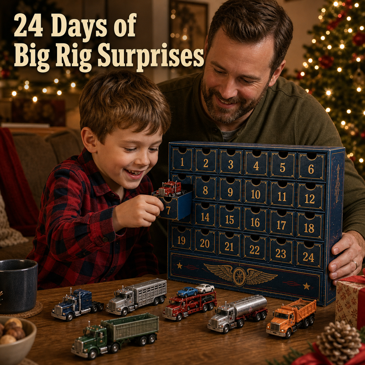 24 Days of American Trucking Advent Calendar – 24 Collectible Big Rig & Work Truck Miniatures, Christmas Countdown Gift for Truckers & Truck Fans