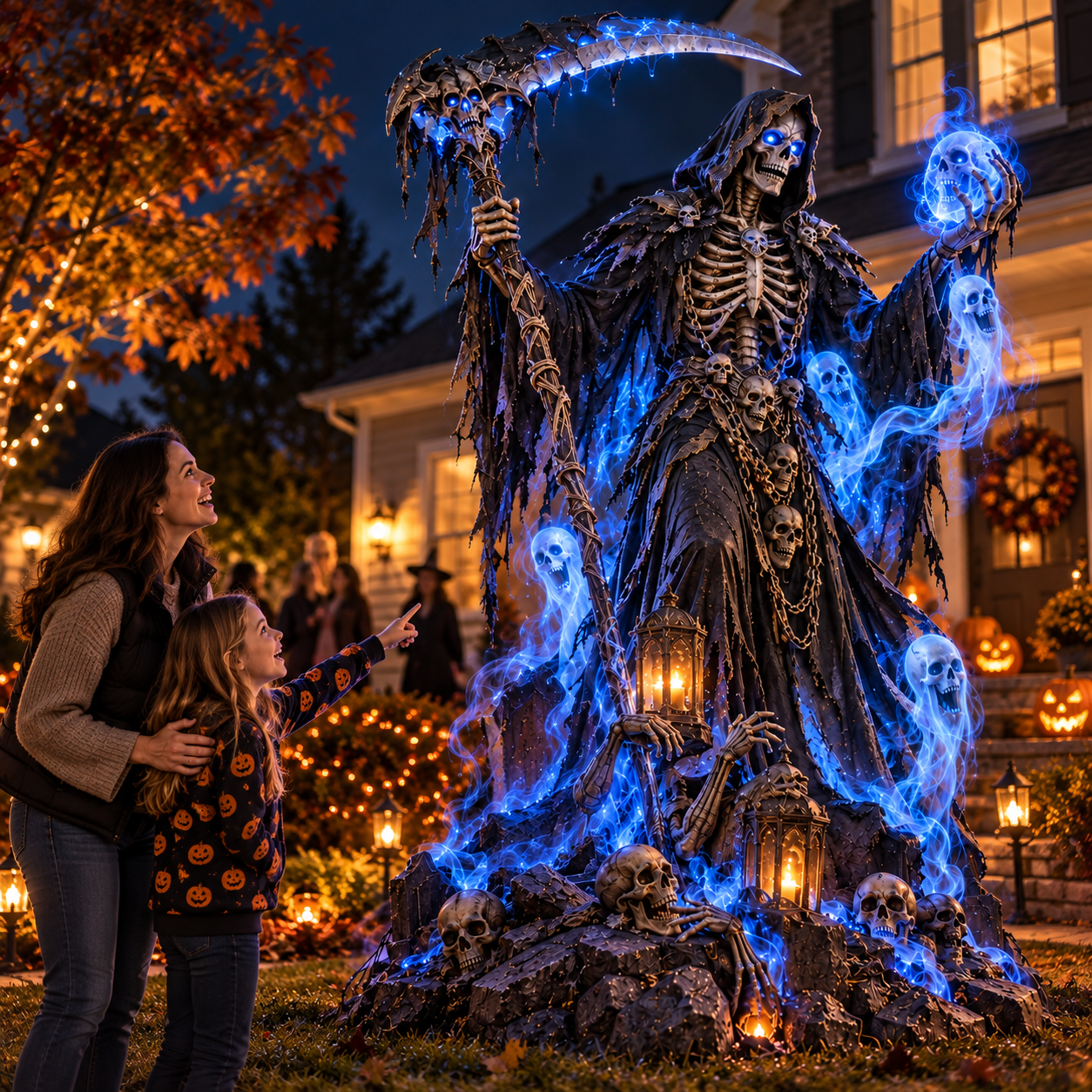 Concept scene of a family viewing a Grim Reaper Halloween yard display