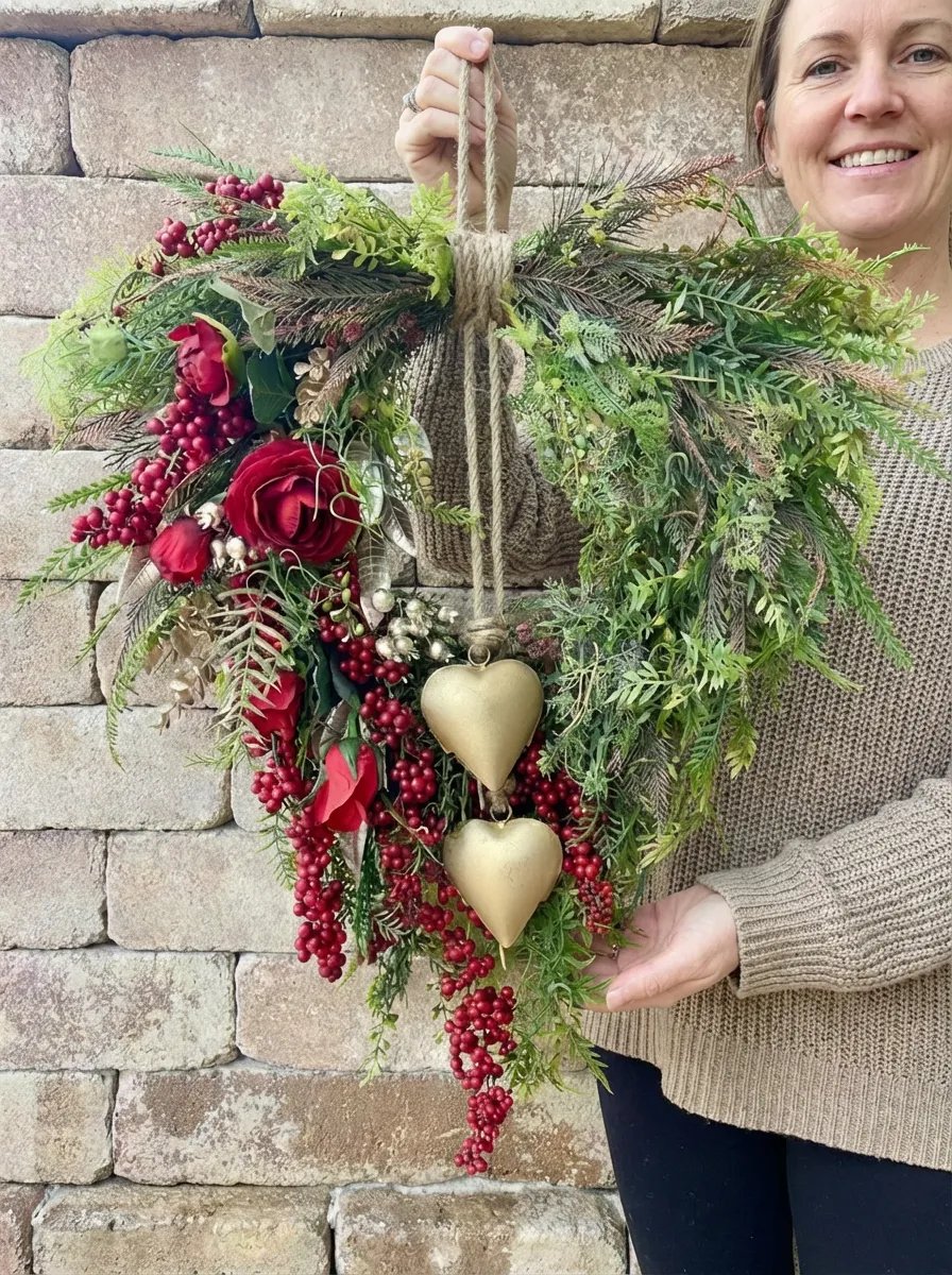 ❤️ Valentine’s Day Farmhouse Valentine Heart Wreath: Gold Bells, Red Roses & Berries🎉