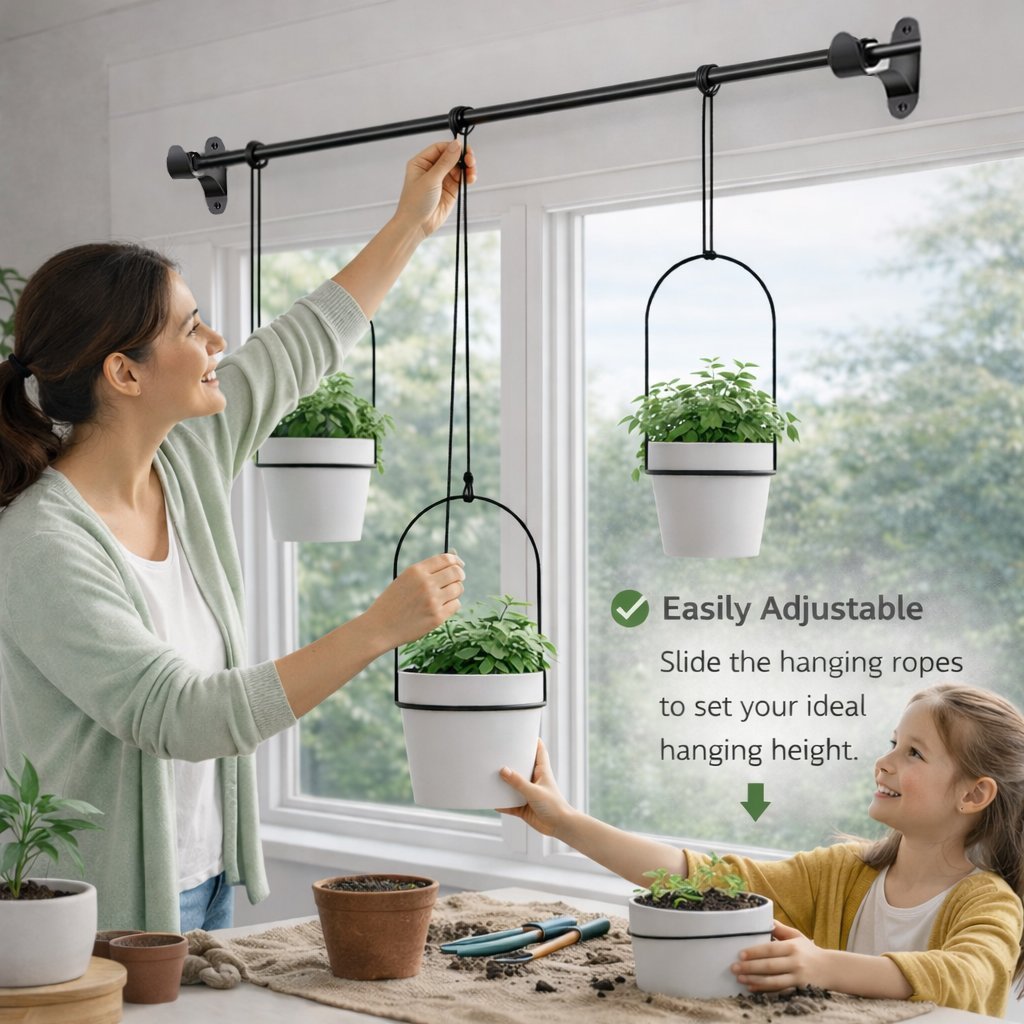 🌿Adjustable Hanging Window Planter Set – Metal Rod Plant Hanger with 3 Pots for Indoor & Outdoor Green Display