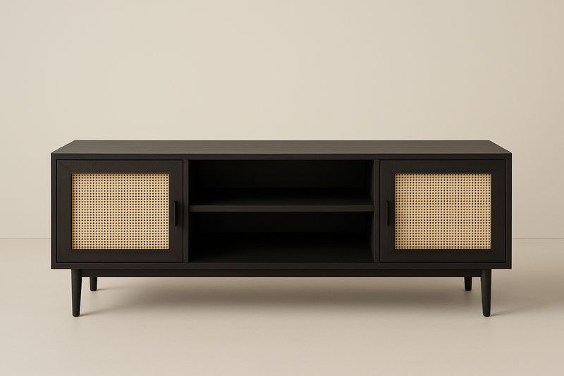 Mobile TV in legno nero con ante in rattan