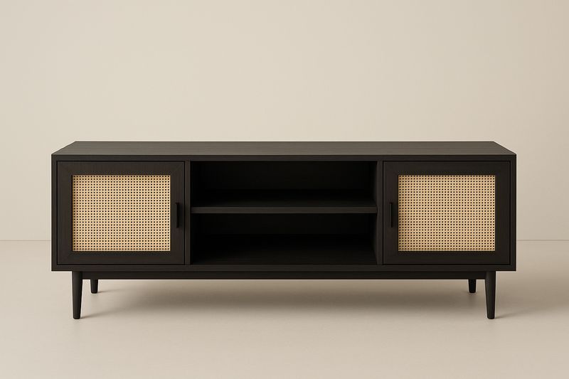 Mobile TV in legno nero con ante in rattan