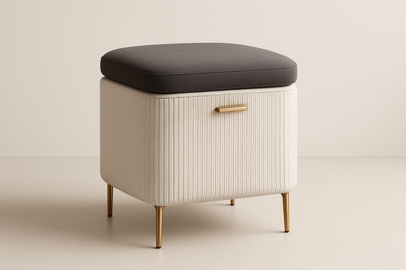 Pouf contenitore quadrato crema e nero con gambe in metallo, 40x40x45 cm