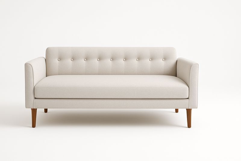 Divano tre posti in tessuto beige con gambe in legno