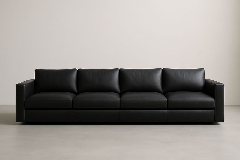 Canapé en simili cuir noir, 4 places, coussins inclus