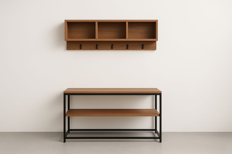 Ensemble d'entrée en bois et métal avec étagère et banc rangement