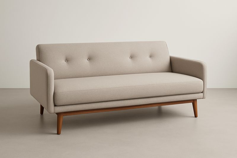 Sofá beige de tres plazas con estructura de madera maciza