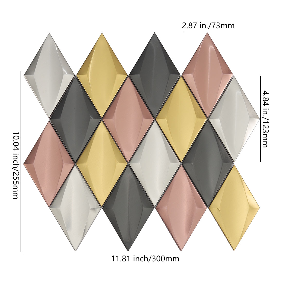 Mixed color diamond metal mosaic tile sheet with gold rose gold black and silver chips