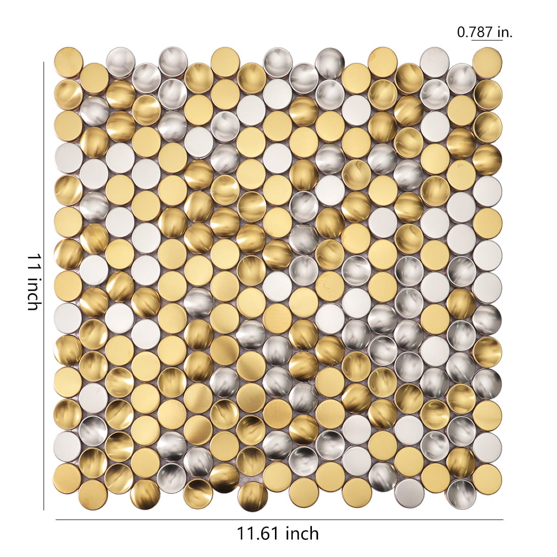 Dimensions of a mixed gold and silver penny round metal mosaic tile sheet.