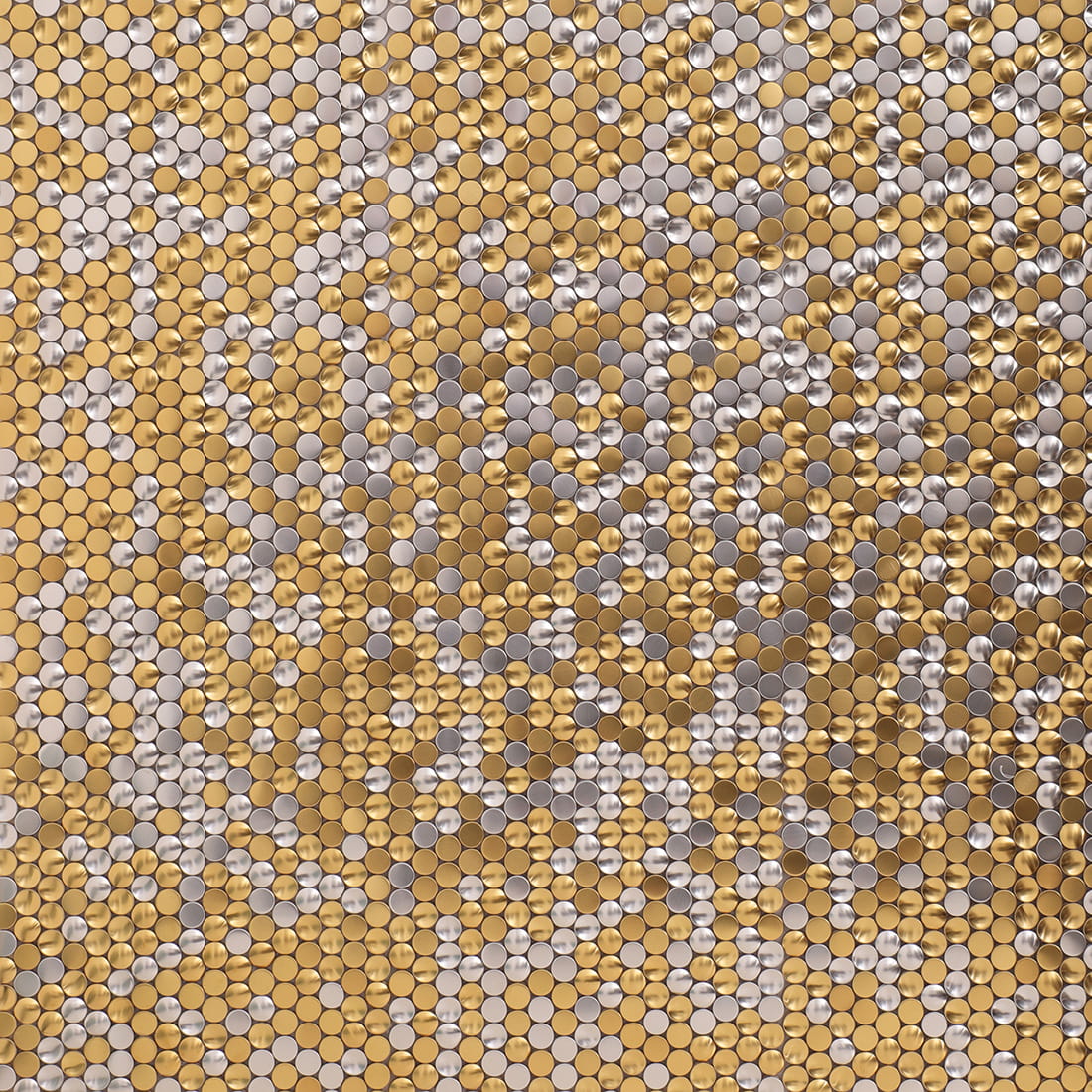 Full wall view of mixed metallic gold and silver circular mosaic tiles.