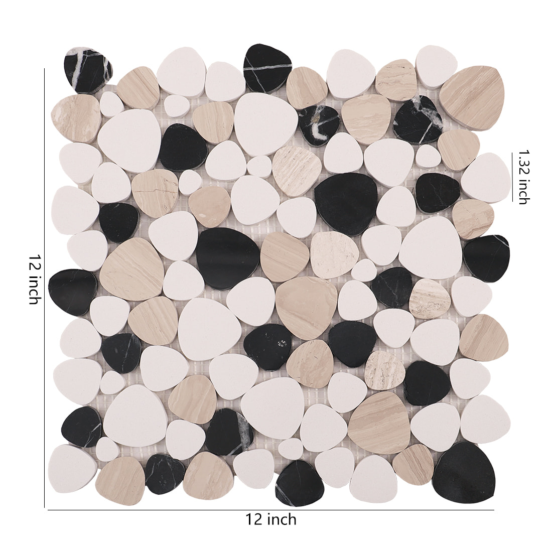Pebble mosaic tile sheet with 12 inch size and 1.32 inch thickness shown