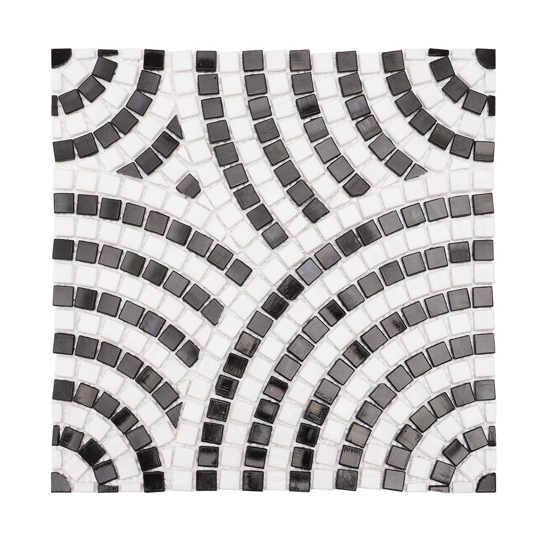 Handmade black and white fan pattern glass mosaic tile with curved geometric design for modern interior decor