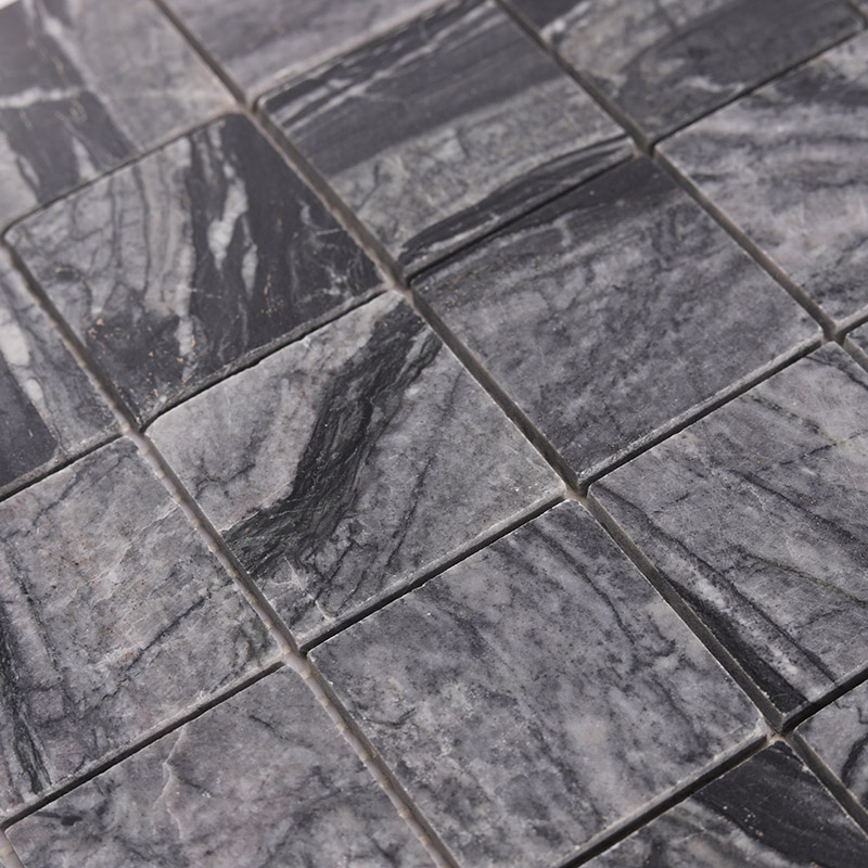 2 inch tiles in grey marble with natural veining for non-slip bathroom floors.