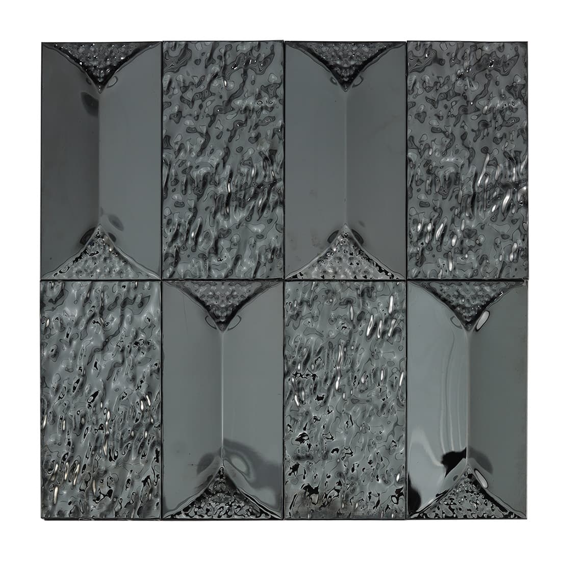 Sheet of black stainless steel tiles with rippled and 3D textures.