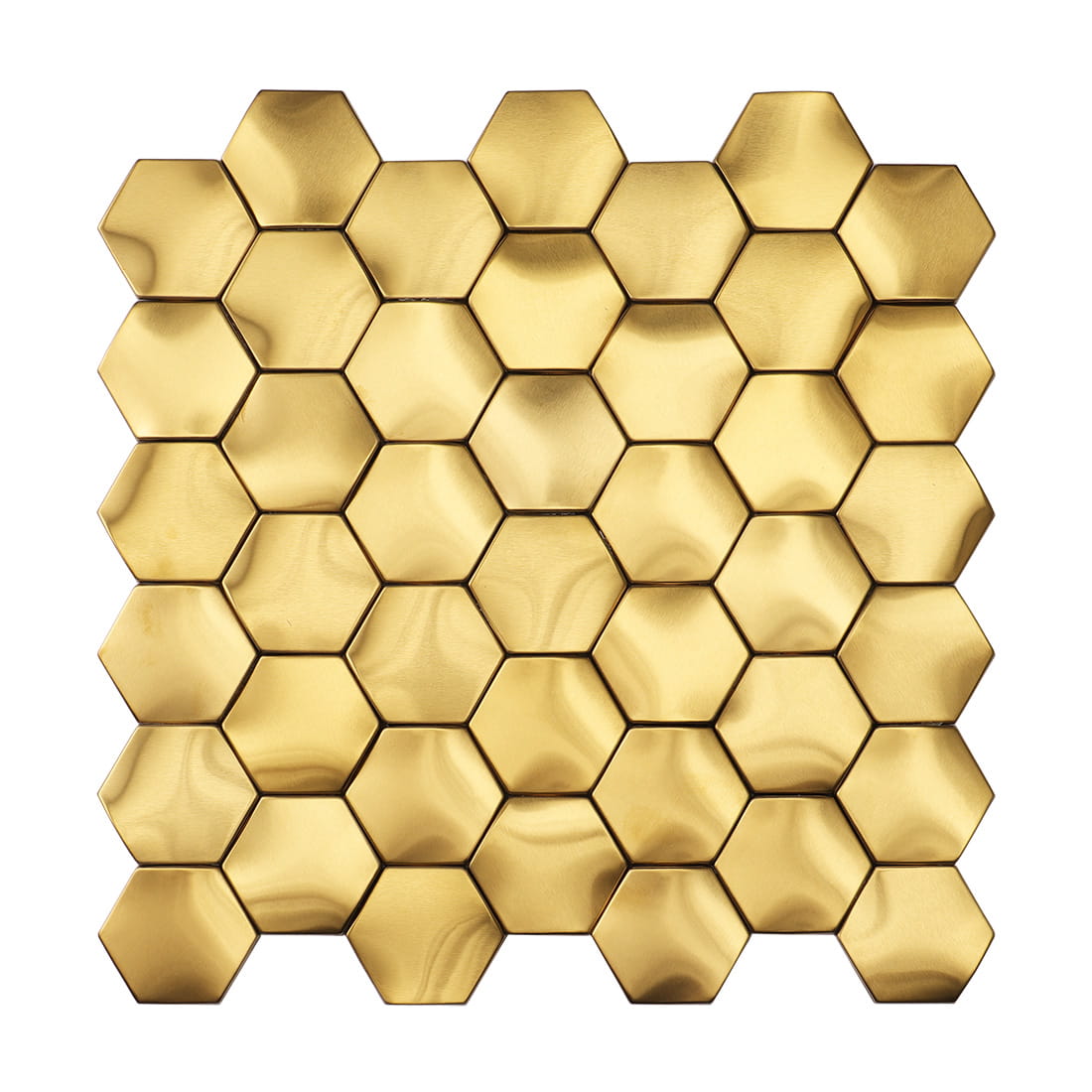 Frontal view of a 3D brushed gold hexagon stainless steel mosaic tile sheet.