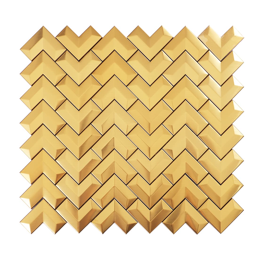 Front view of a 3D brushed gold V-pattern stainless steel mosaic tile sheet.