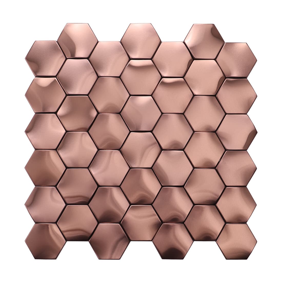 Frontal view of a 3D brushed rose gold hexagon stainless steel mosaic tile sheet.