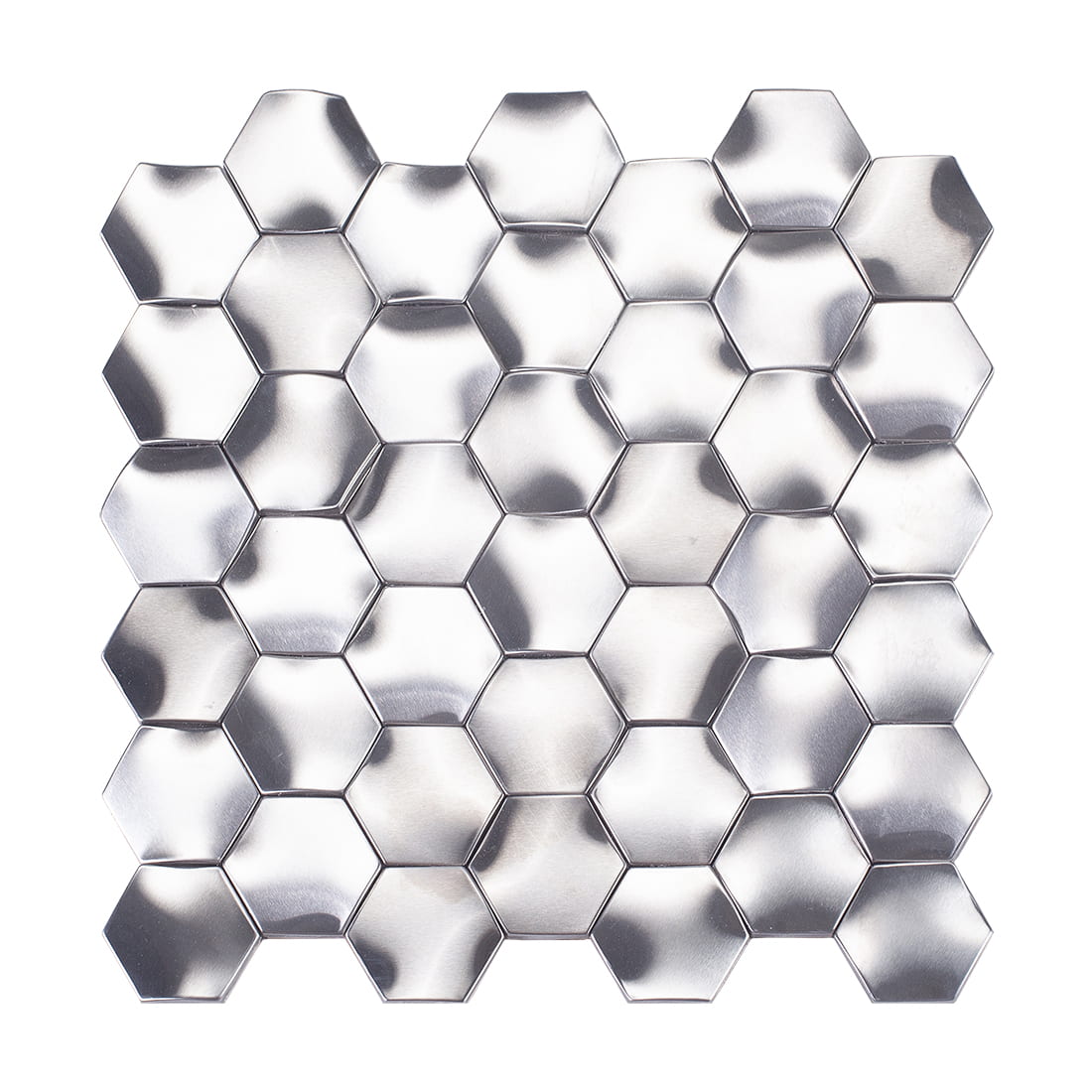 Frontal view of a 3D brushed silver hexagon stainless steel mosaic tile sheet.