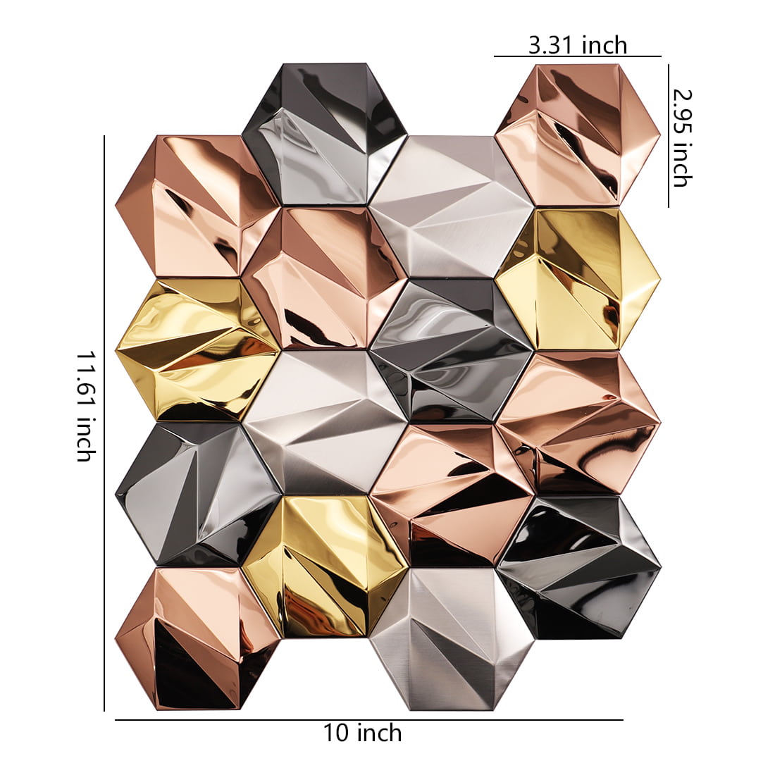3D mixed metal hexagon tiles with dimensional measurements of 11.61 by 10 inches.