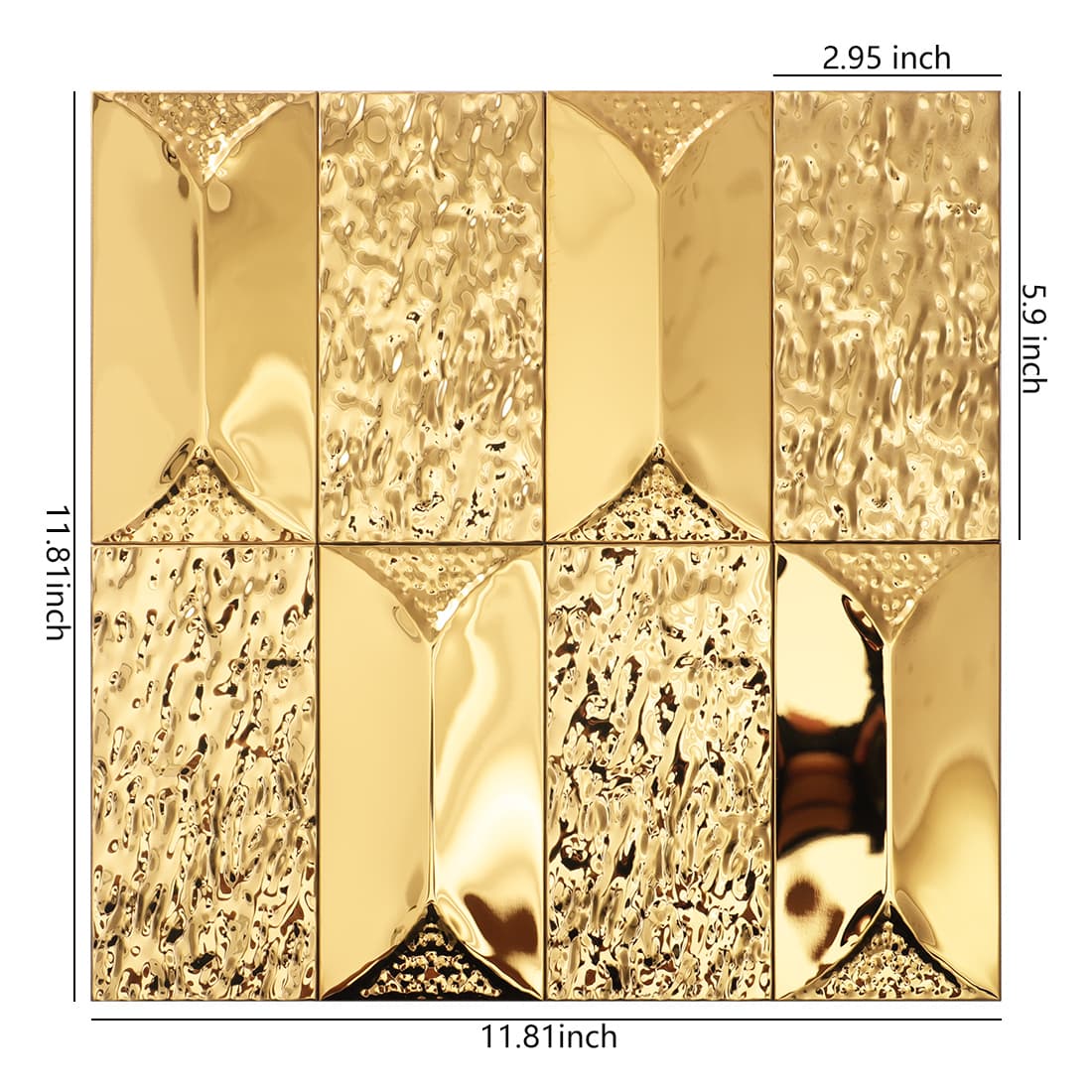 Eight-piece set of gold 3D wall panels with a textured and polished finish and dimension callouts.