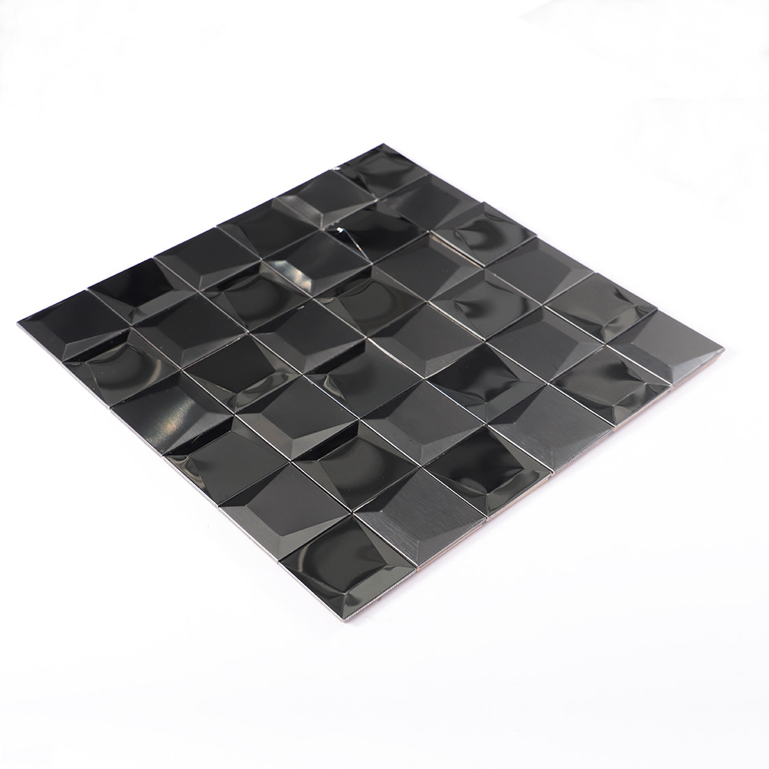Angle view of black brushed 3D pyramid stainless steel mosaic tile sheet