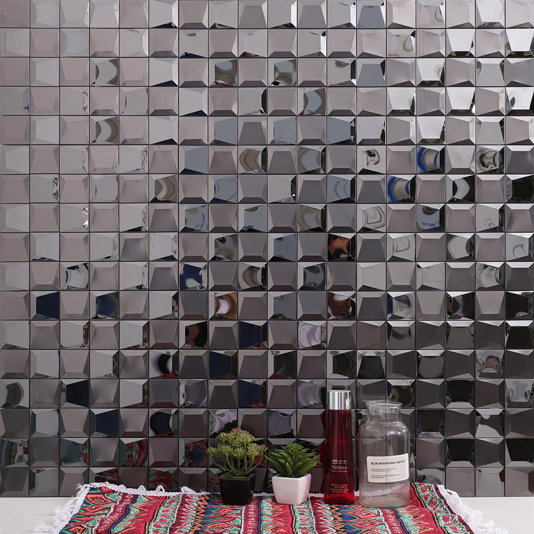 Black brushed 3D pyramid stainless steel mosaic tile wall application