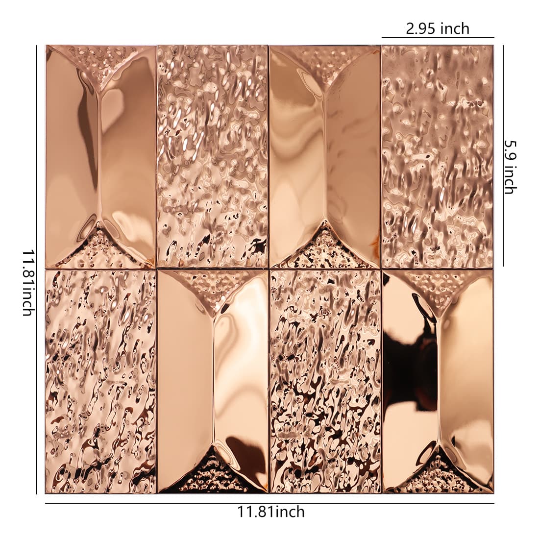 Eight-piece set of 3D rose gold metal tiles with mirrored, hammered, and faceted textures.