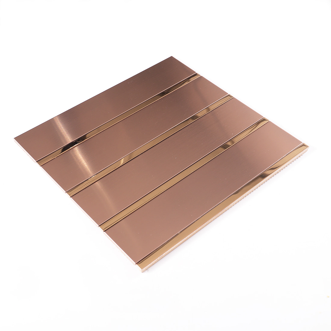3D view of rose gold brushed metal strip mosaic tile with gold trim
