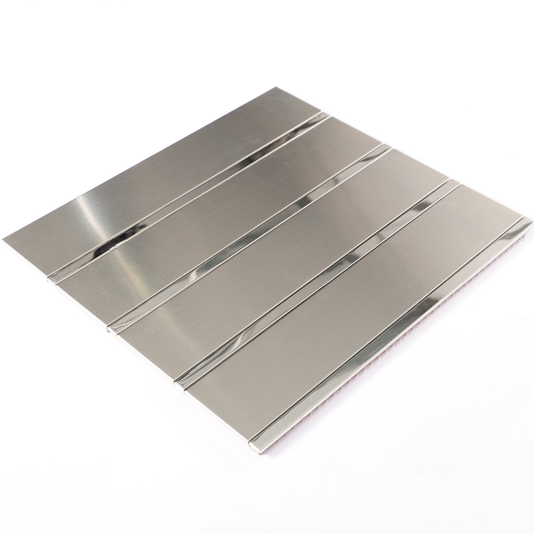 3D view of silver brushed metal strip mosaic tile with polished trim