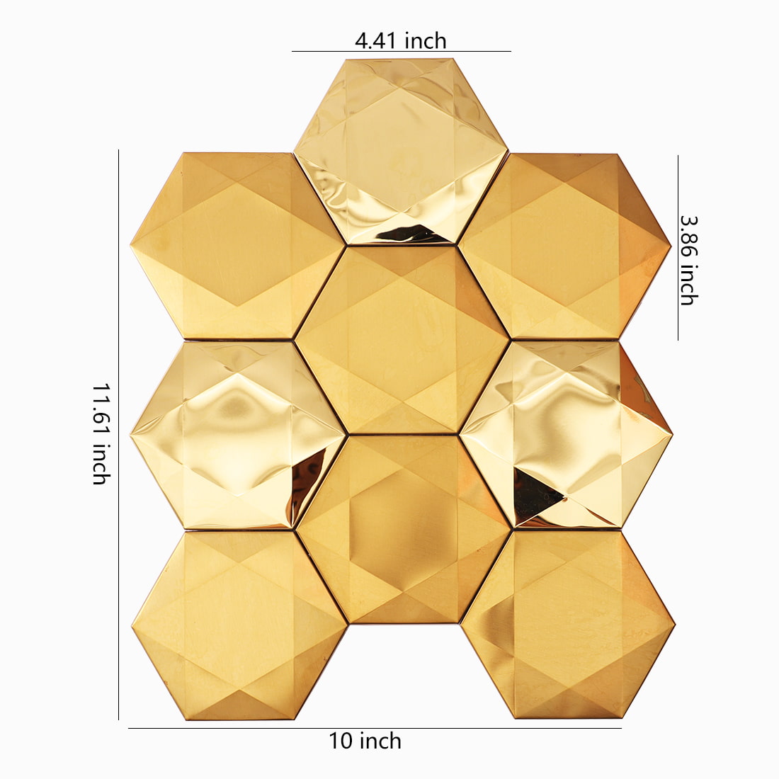 3D gold hexagon stainless steel mosaic tile sheet showing dimensions in inches.