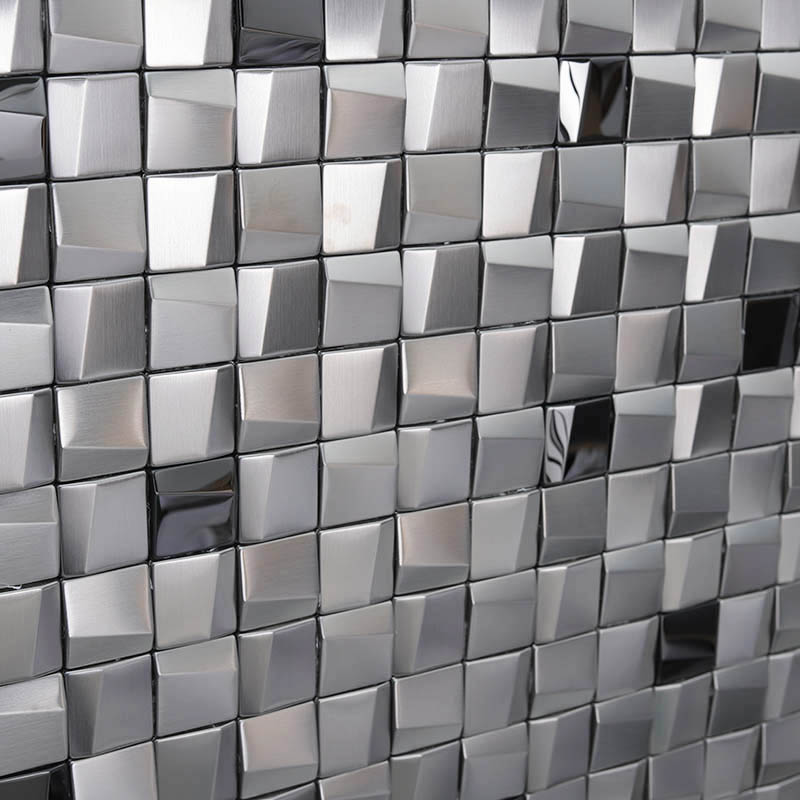 3D silver square stainless steel mosaic wall tile with brushed and mirror finishes