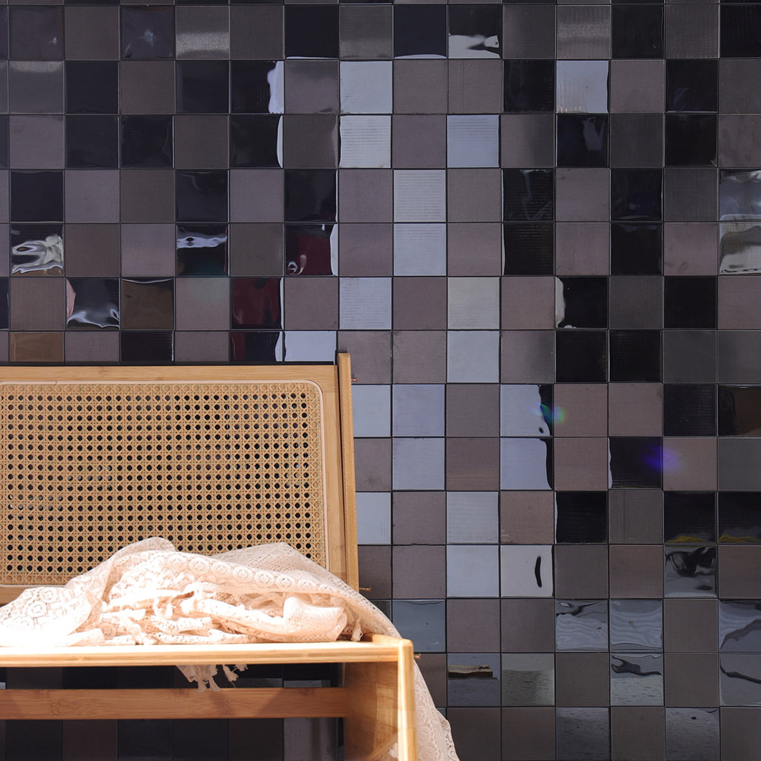 3D brushed and mirror stainless steel mosaic wall tile in a bedroom scene