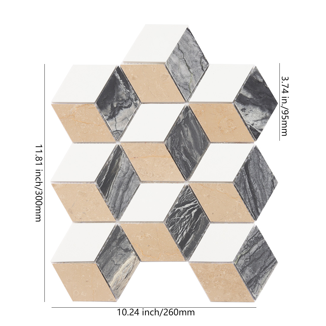 3D cube tricolor marble mosaic tile with dimensions.