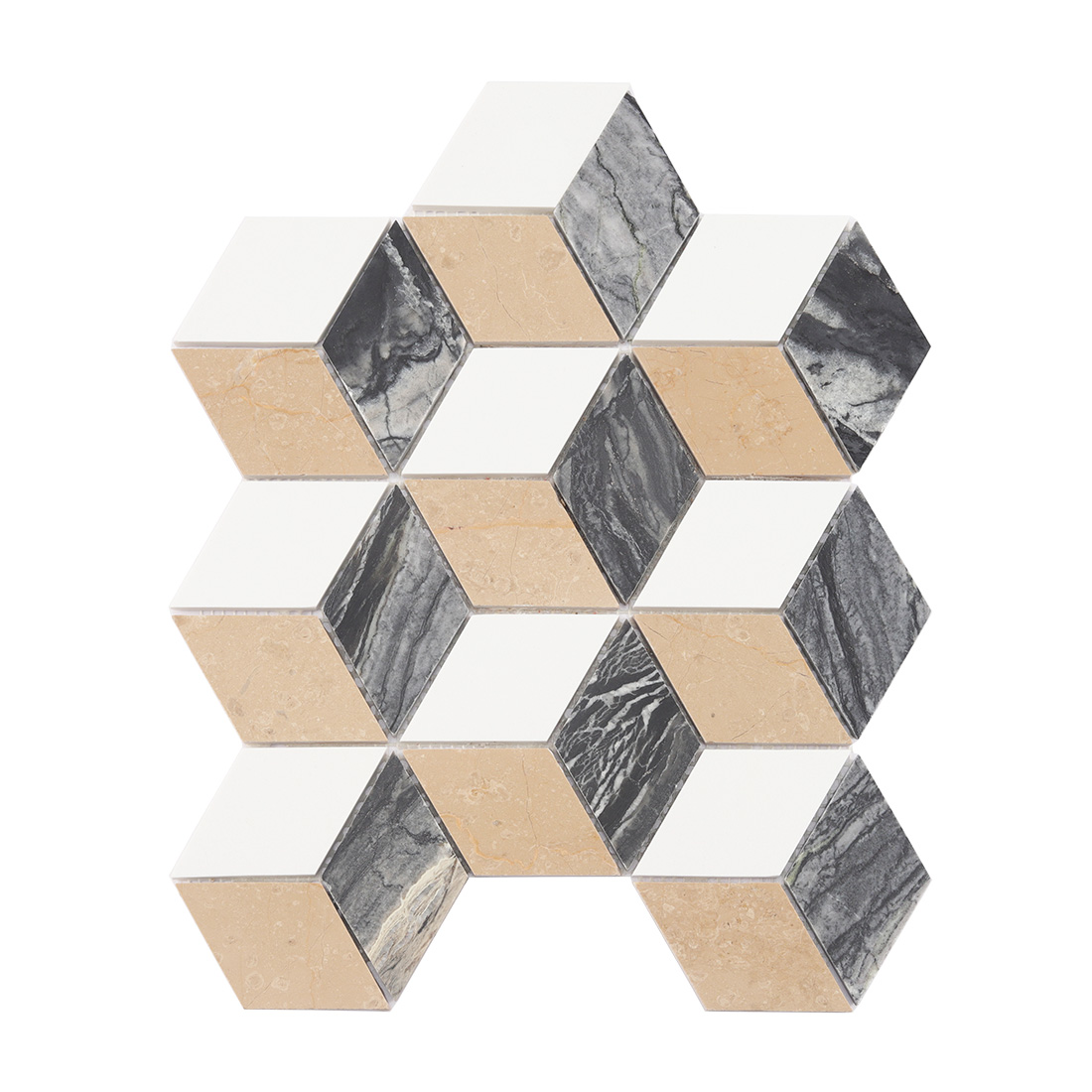 Front view of 3D cube tricolor marble mosaic tile.