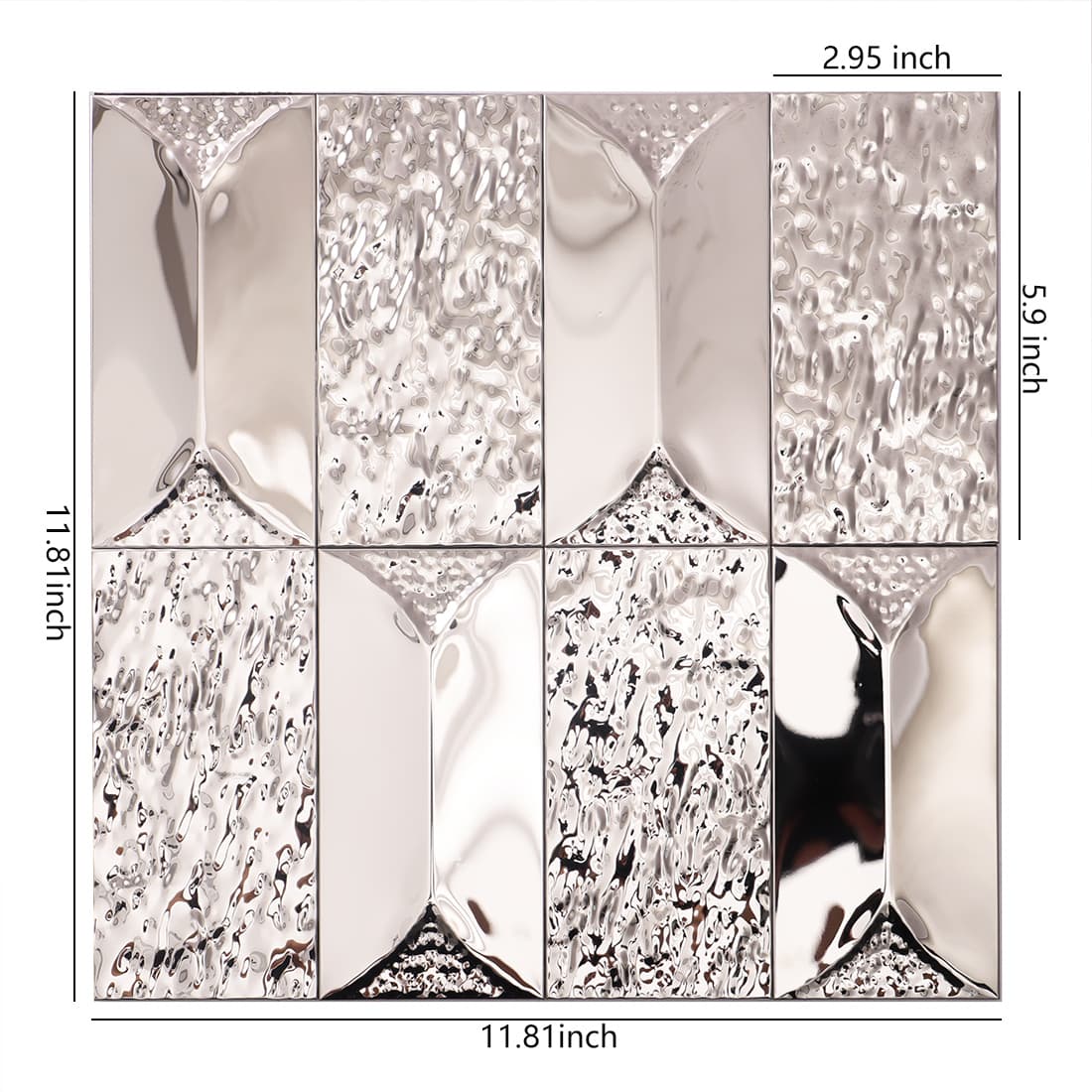 silver stainless steel mosaic tiles on a white base.