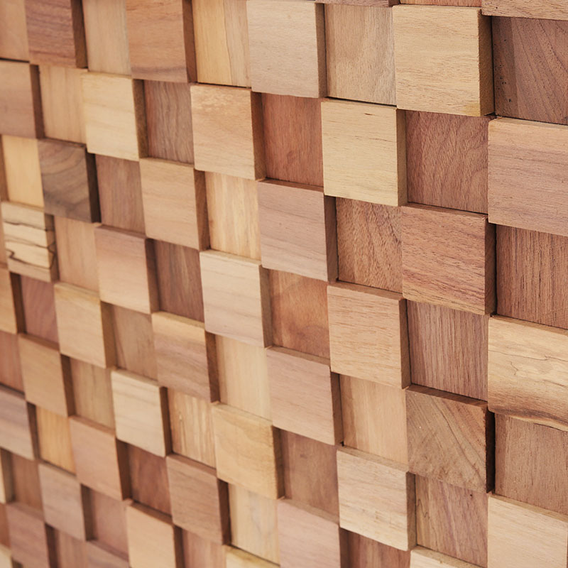 3D wooden wall tiles in natural tones, layered cube design for feature walls