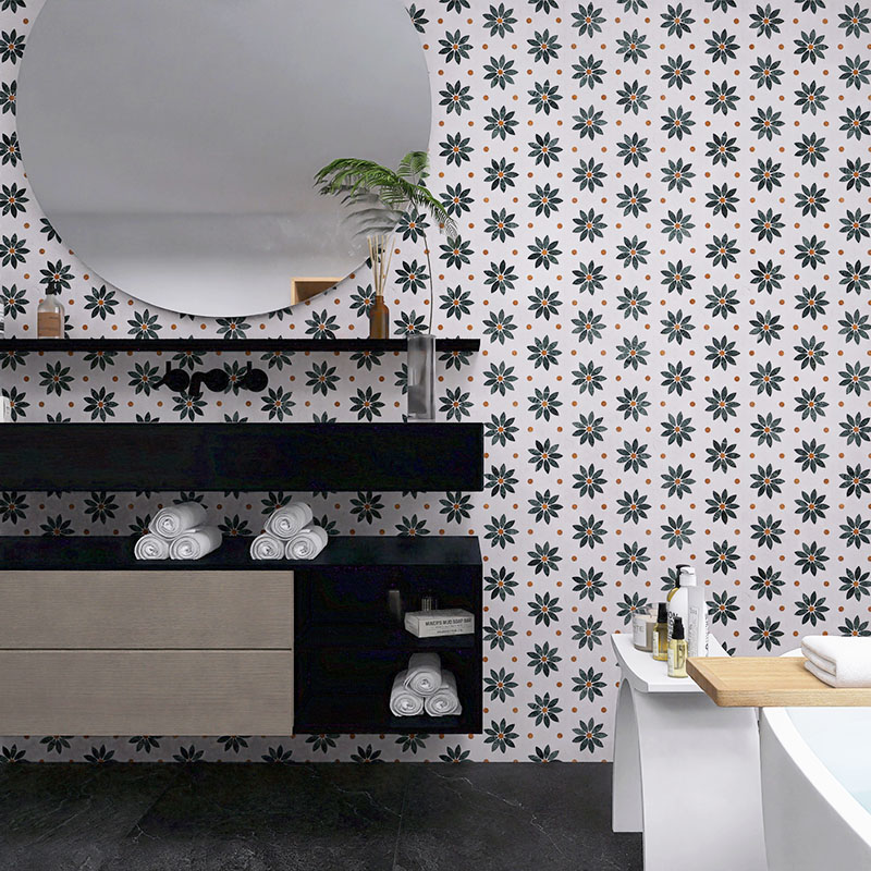 Bathroom vanity wall with white floral mosaic flower wall tiles and round mirror