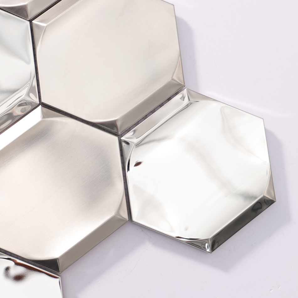 3D Hexagon Stainless Steel Mosaic Silver Brushed and Mirror Beveled Tile